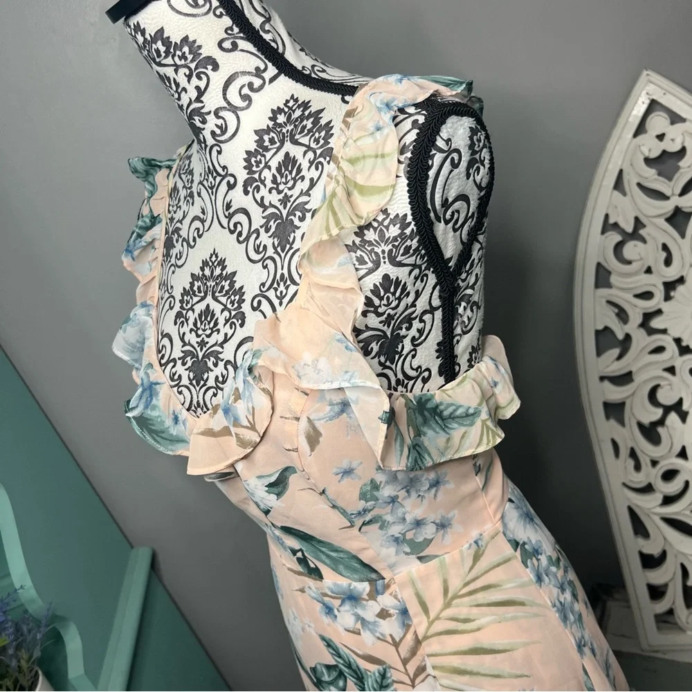 Lulus Sunrise Journey Blush Floral Lace Up Ruffle Mini Dress Size Small - Picture 10 of 16